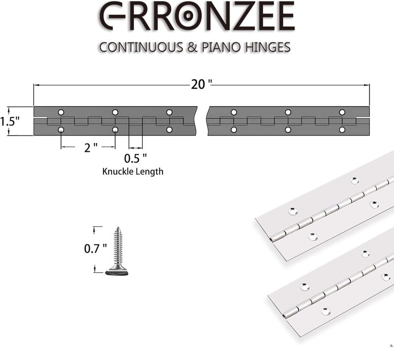GRRONZEE 2PCS Piano Hinge 20 Inch x 1.5 Inch Stainless Steel Continuous & Piano Hinge Heavy Duty Piano Hinges, 0.04" Leaf Thickness, 0.5" Knuckle Length, Screw Included - Image 3